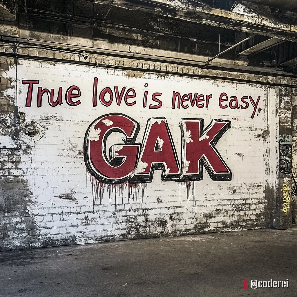 Gemalter Schriftzug „True love is never easy.“ und darunter rot-weiß „GAK“ in 3D-Buchstaben auf einer weißen Ziegelwand unter einer Brücke.