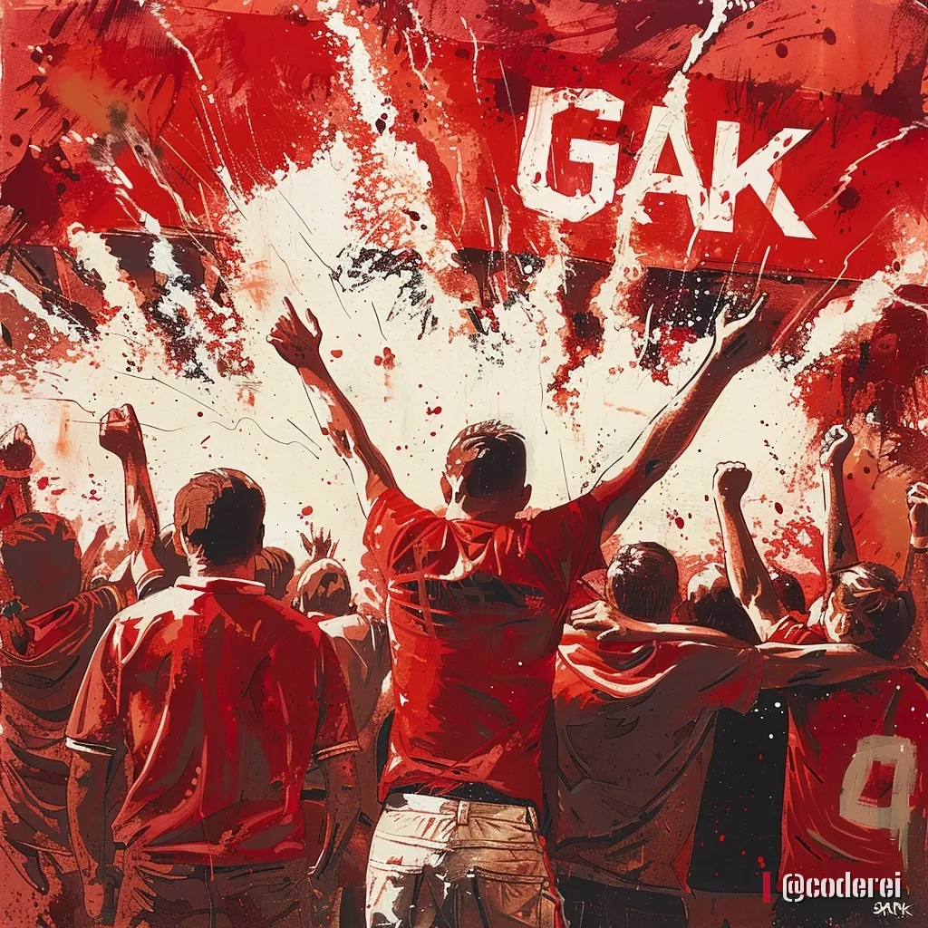Fans in roten Trikots von hinten heben jubelnd die Arme, oben der Schriftzug „GAK“, rote und weiße Farbstrahlen.