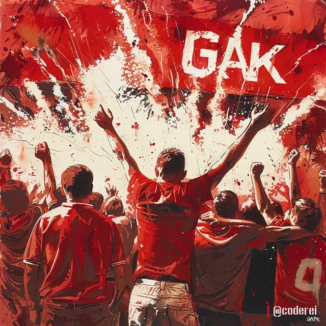 Fans in roten Trikots von hinten heben jubelnd die Arme, oben der Schriftzug „GAK“, rote und weiße Farbstrahlen.