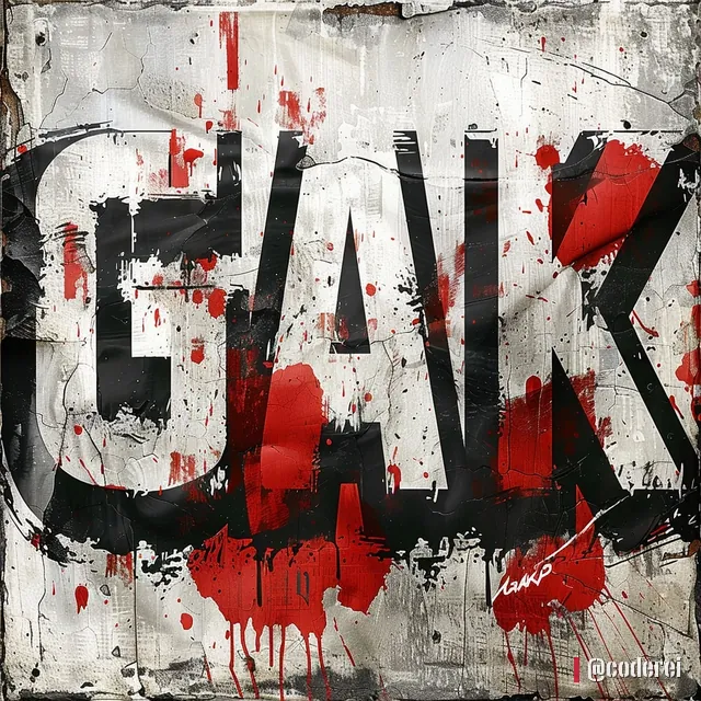 Großer schwarzer und roter Graffiti-Schriftzug „GAK“ auf weißer, abgeblätterter Wand mit roten Spritzern.
