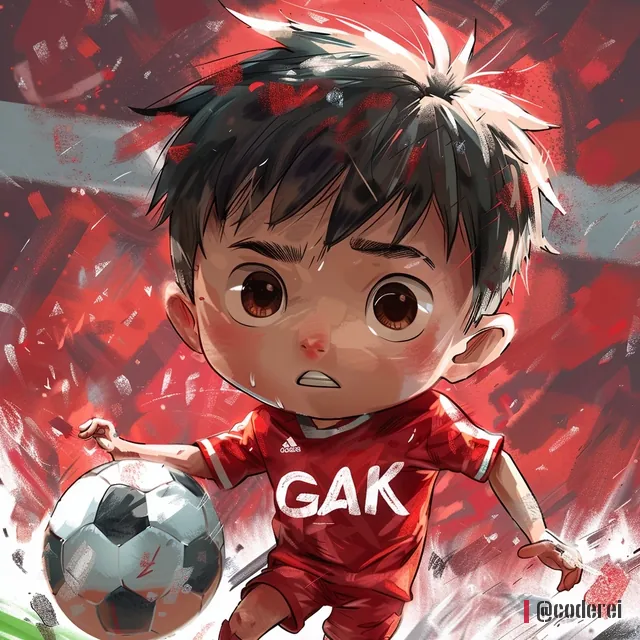 Anime-Bub im roten Trikot mit „GAK“ springt dem Fußball entgegen, auf dem Spielfeld mit roten Fahnen im Hintergrund.