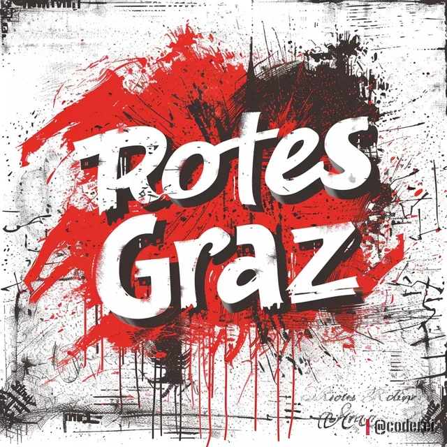 Weißer Schriftzug „Rotes Graz“ auf roten und schwarzen Farbflecken vor hellem Grund.