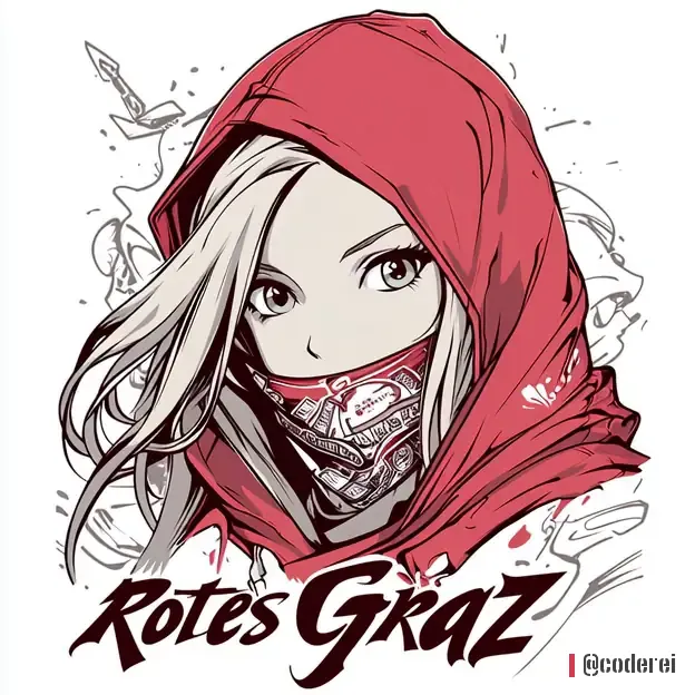 Anime-Mädchen mit langen hellen Haaren unter roter Kapuze, gemustertes Tuch vor dem Mund, darunter der Schriftzug „Rotes Graz“.