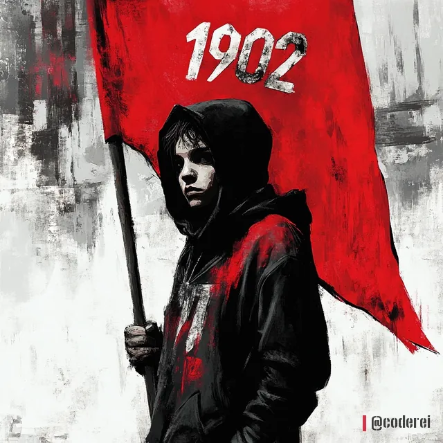 Gemalter Jugendlicher in schwarzer Kapuzenjacke hält eine große rote Fahne mit „1902“ vor grauer Wand.