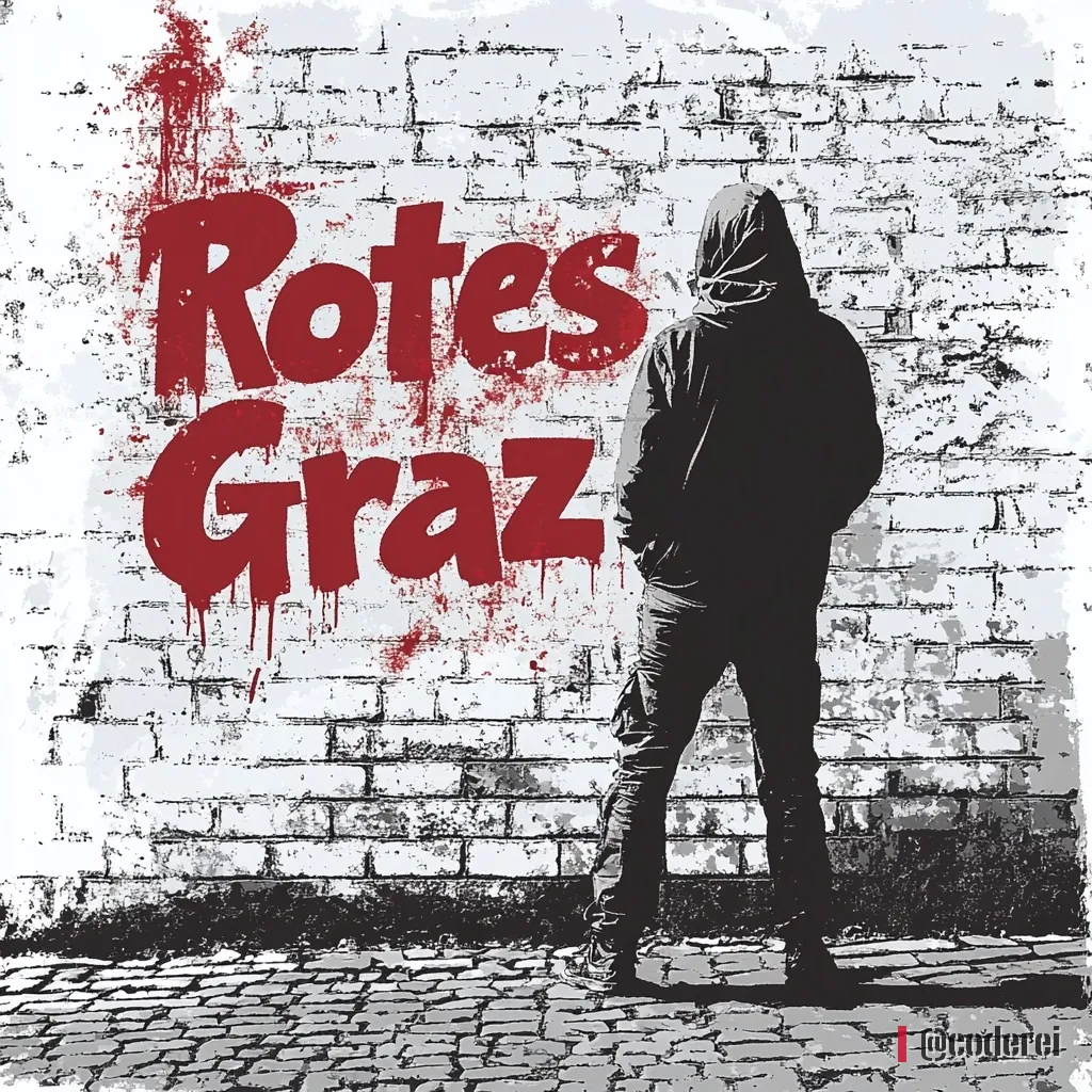 Mann in Kapuzenjacke von hinten vor einer weißen Ziegelwand mit dem roten tropfenden Schriftzug „Rotes Graz“.