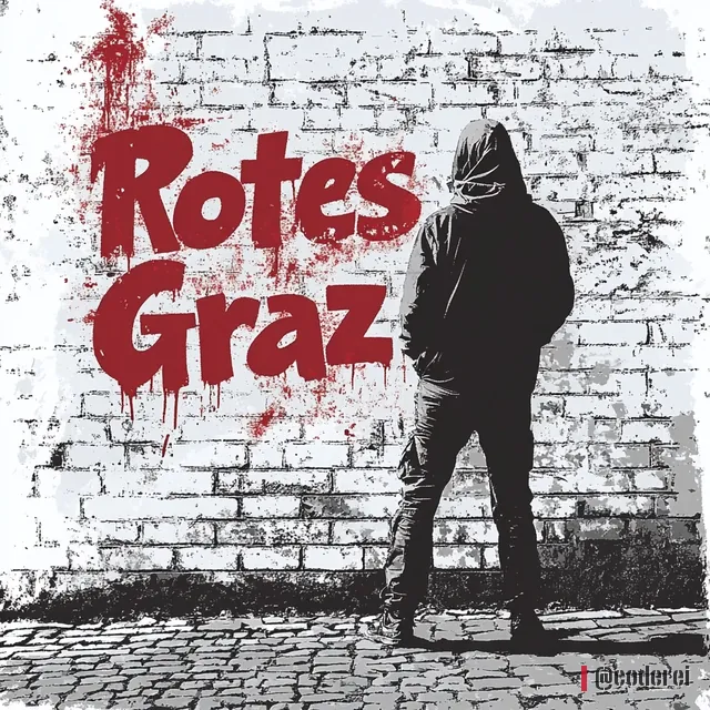 Mann in Kapuzenjacke von hinten vor einer weißen Ziegelwand mit dem roten tropfenden Schriftzug „Rotes Graz“.