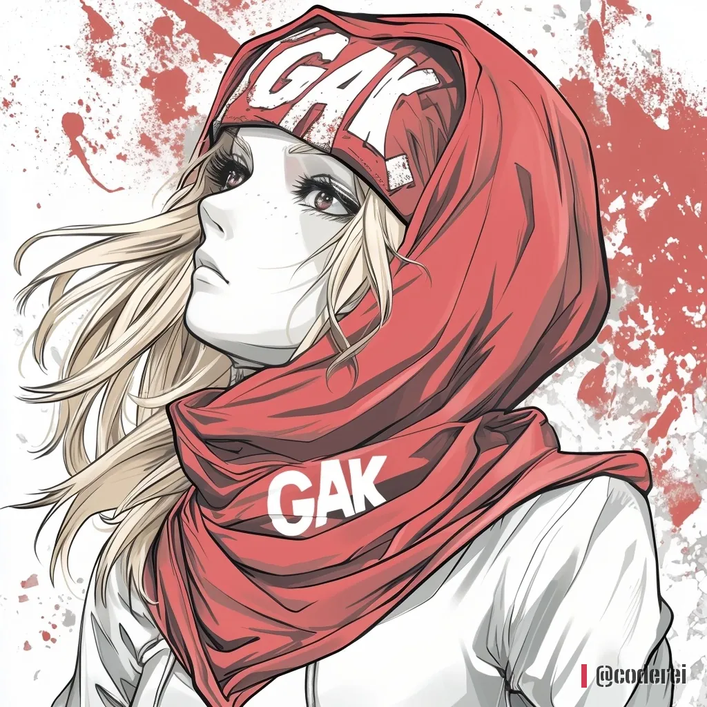 Anime-Mädchen mit blonden Haaren im Profil, rotes Tuch über Kopf und Hals, auf Stirnband und Schal steht „GAK“, rote Spritzer im Hintergrund.