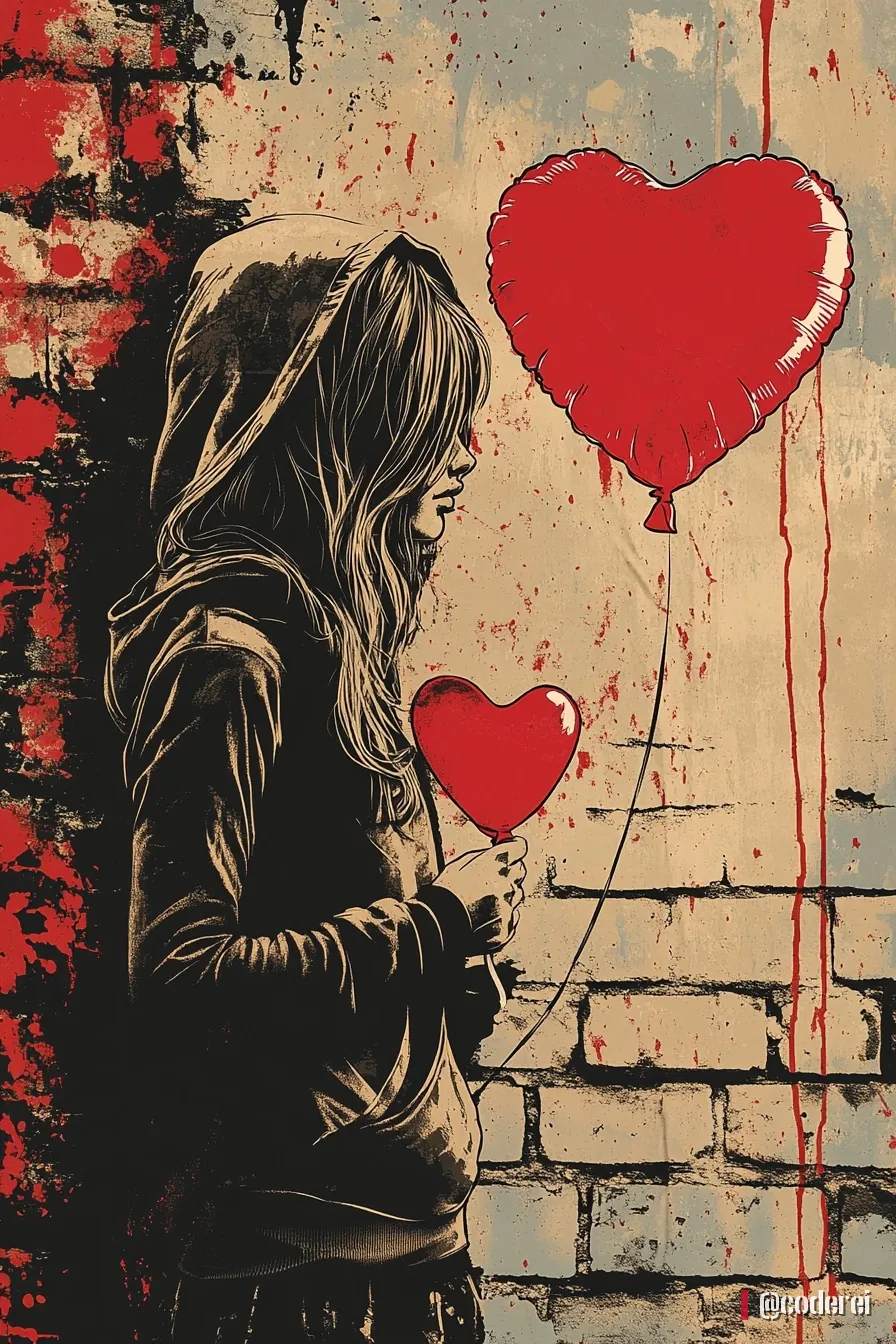 Gemaltes Mädchen mit langen Haaren lehnt an einer Ziegelwand und hält zwei rote Herzballons, einer davon tropft.