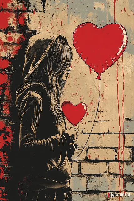 Gemaltes Mädchen mit langen Haaren lehnt an einer Ziegelwand und hält zwei rote Herzballons, einer davon tropft.
