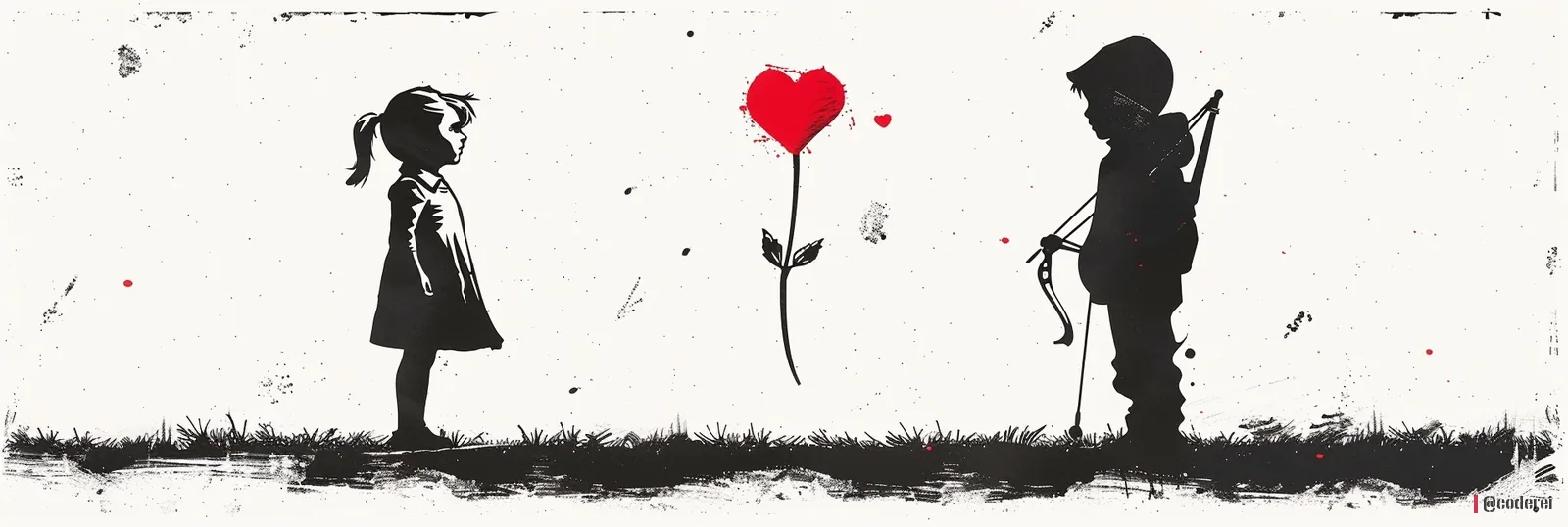 Schablonen-Graffiti: ein Mädchen und ein Bub als Silhouetten, zwischen ihnen ein roter Herzballon an einer Schnur.
