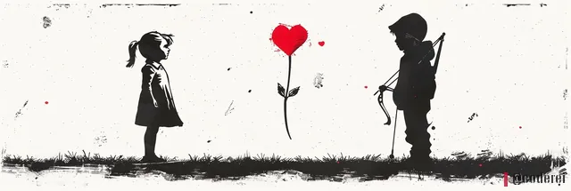 Schablonen-Graffiti: ein Mädchen und ein Bub als Silhouetten, zwischen ihnen ein roter Herzballon an einer Schnur.