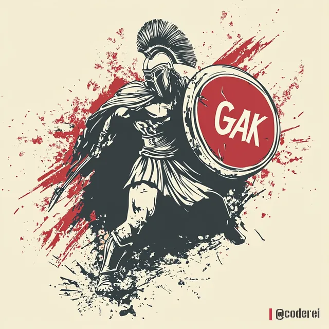 Zeichnung eines Kriegers im Sturmschritt mit Helm und rundem rotem Schild mit „GAK“, dahinter rote Pinselstriche.
