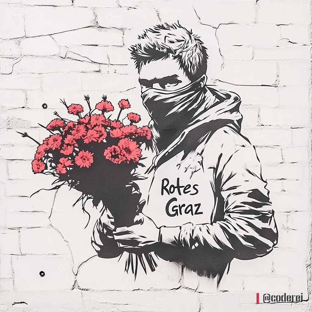 Mann mit Maske vor dem Gesicht und Kapuzenpulli mit „Rotes Graz“ hält einen großen Strauß roter Blumen vor einer weißen Ziegelwand.