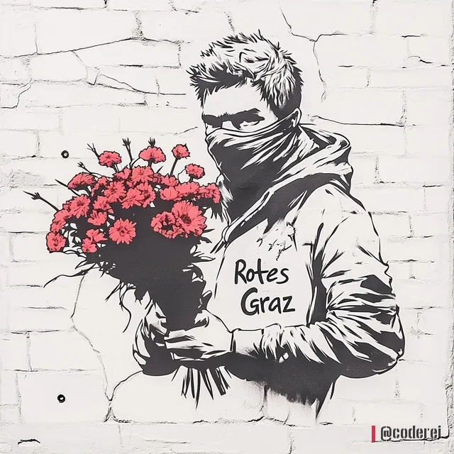 Mann mit Maske vor dem Gesicht und Kapuzenpulli mit „Rotes Graz“ hält einen großen Strauß roter Blumen vor einer weißen Ziegelwand.