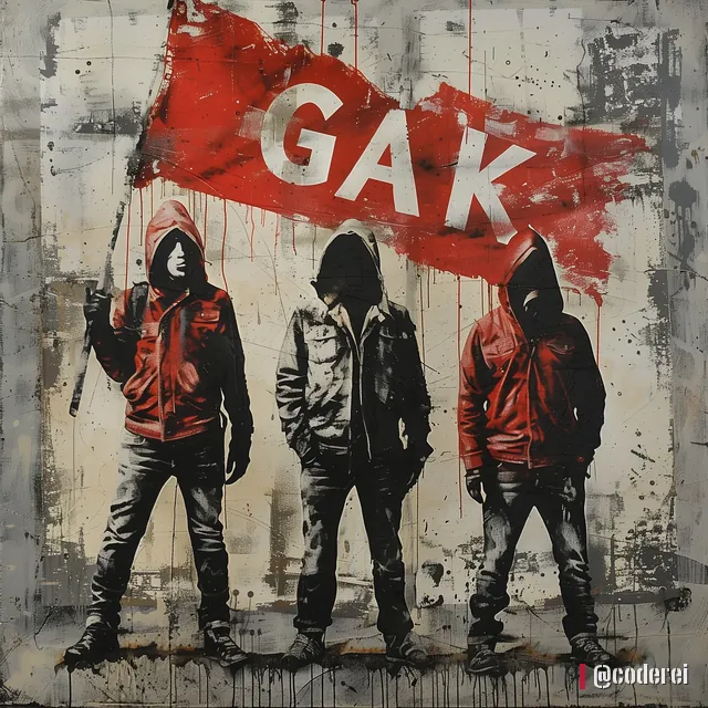 Drei Männer in roten Jacken und Kapuzen stehen unter einer roten Fahne mit „GAK“ vor einer grauen Wand.