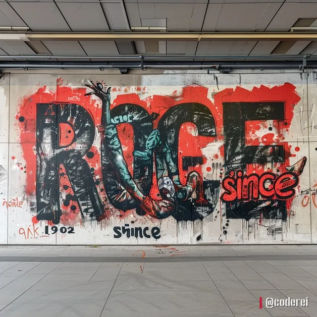 Großes Graffiti in einer hellen Unterführung, darauf grünlich-schwarze Buchstaben, „since“ und „1902“, rote Spritzer.