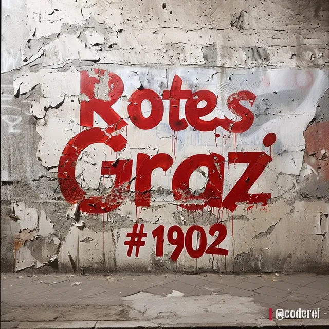 Roter Schriftzug „Rotes Graz #1902“ auf einer abgeblätterten Putzwand.