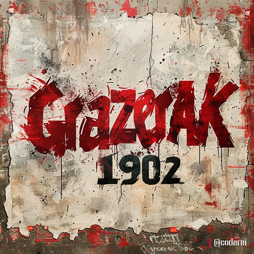 Roter, verwitterter Schriftzug aus „Graz“ und „GAK“ ineinander verschmolzen, darunter „1902“, auf grauer, rissiger Wand.
