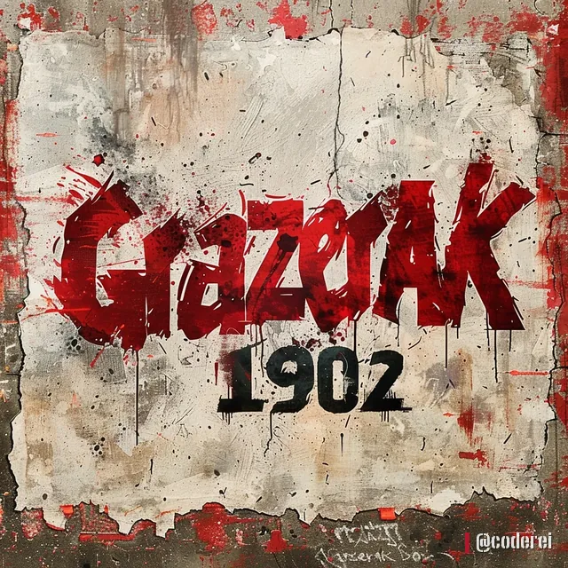 Roter, verwitterter Schriftzug aus „Graz“ und „GAK“ ineinander verschmolzen, darunter „1902“, auf grauer, rissiger Wand.