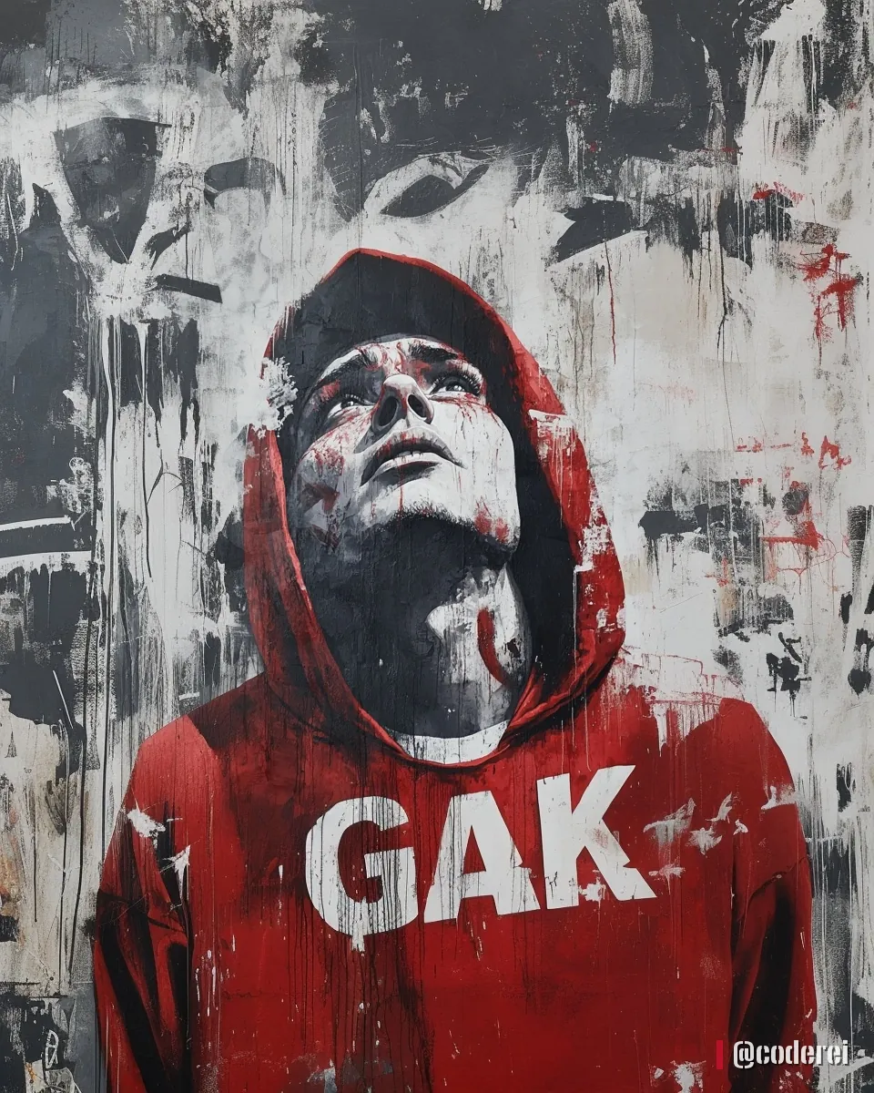 Gemalter junger Mann im roten Kapuzenpulli mit „GAK“ blickt nach oben, vor dunkler, abgeblätterter Wand.