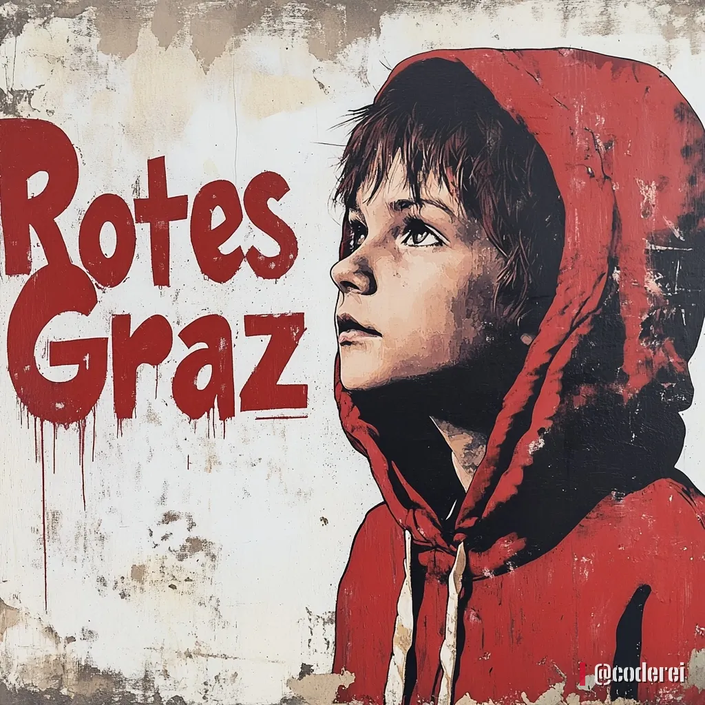 Gemalter Bub in roter Kapuze blickt nach oben, daneben der große rote Schriftzug „Rotes Graz“ an einer weißen, abgeblätterten Wand.