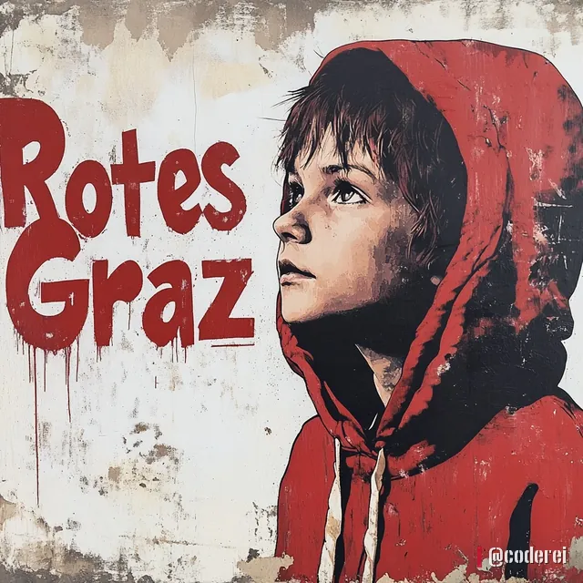 Gemalter Bub in roter Kapuze blickt nach oben, daneben der große rote Schriftzug „Rotes Graz“ an einer weißen, abgeblätterten Wand.