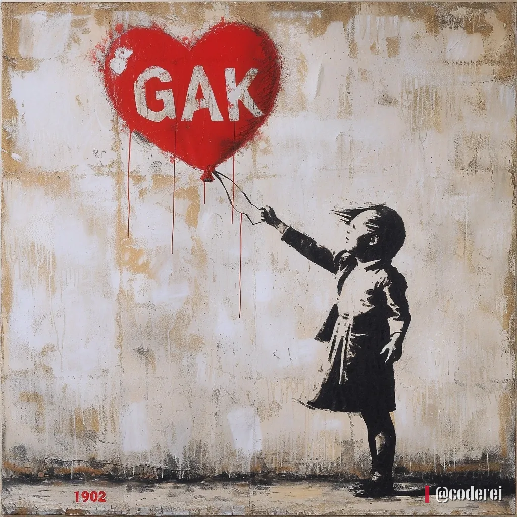Schwarze Silhouette eines Mädchens mit einem roten Herzballon mit „GAK“, links unten „1902“, vor heller Wand.