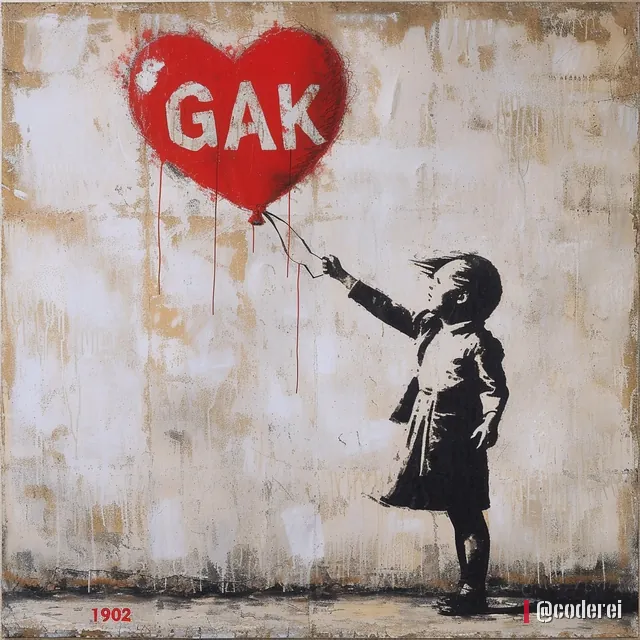 Schwarze Silhouette eines Mädchens mit einem roten Herzballon mit „GAK“, links unten „1902“, vor heller Wand.
