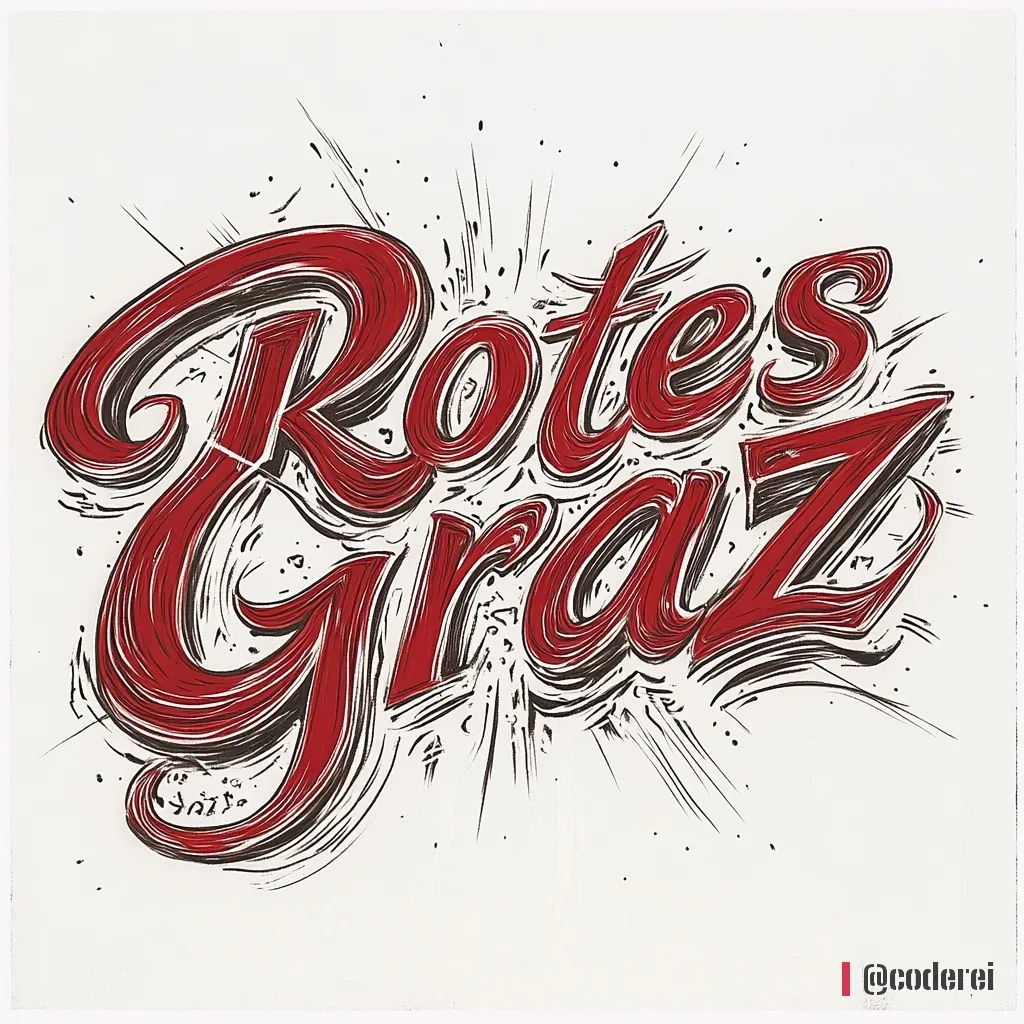 Schwungvoller roter Schriftzug „Rotes Graz“ in Schreibschrift mit schwarzer Kontur und kleinen Strahlen auf hellem Grund.