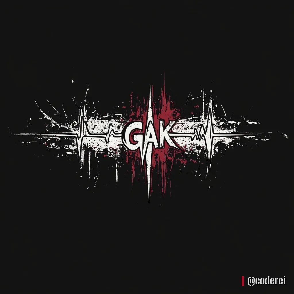 Dunkles Bild mit weißem Schriftzug „GAK“ in der Mitte einer Herzschlag-Linie, rote Farbspritzer auf Schwarz.