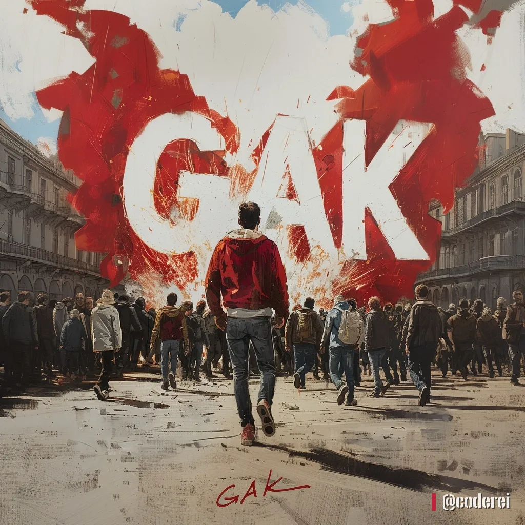 Mann in roter Jacke geht auf eine große Menschenmenge zu, darüber der weiße Schriftzug „GAK“ vor rotem Farbnebel.