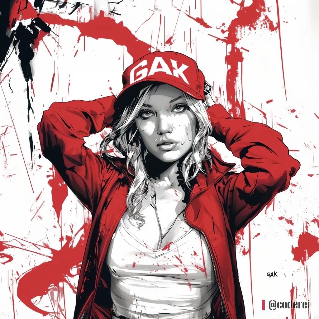 Gezeichnete Frau mit blonden Haaren und roter Kappe mit „GAK“, rote Jacke, weißes Top, Hände am Kopf.