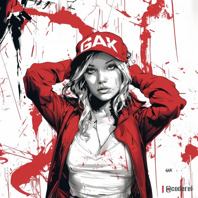 Gezeichnete Frau mit blonden Haaren und roter Kappe mit „GAK“, rote Jacke, weißes Top, Hände am Kopf.