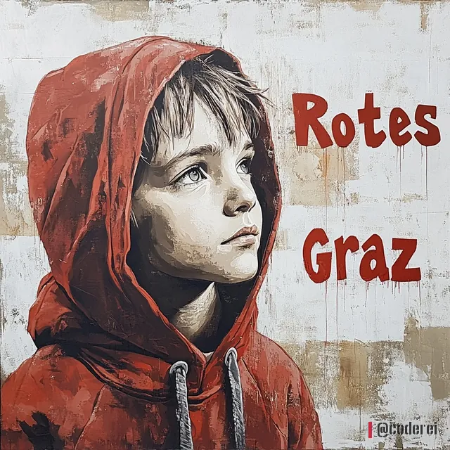 Gemaltes Kind mit roter Kapuze und ruhigem Blick, daneben der Schriftzug „Rotes Graz“ auf heller, rissiger Wand.