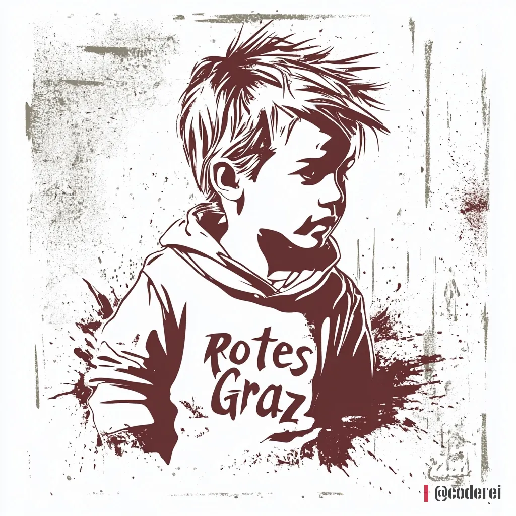 Dunkelrotes Schablonen-Porträt eines Buben mit wilden Haaren im Kapuzenpulli mit „Rotes Graz“, Farbspritzer rundherum.