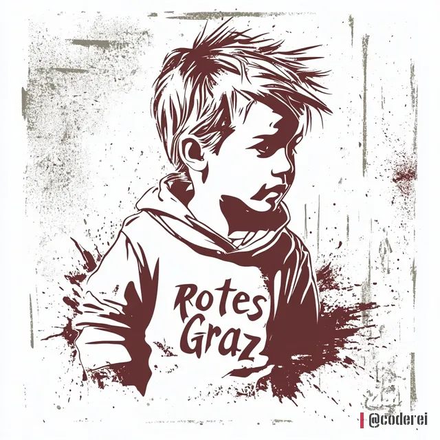 Dunkelrotes Schablonen-Porträt eines Buben mit wilden Haaren im Kapuzenpulli mit „Rotes Graz“, Farbspritzer rundherum.