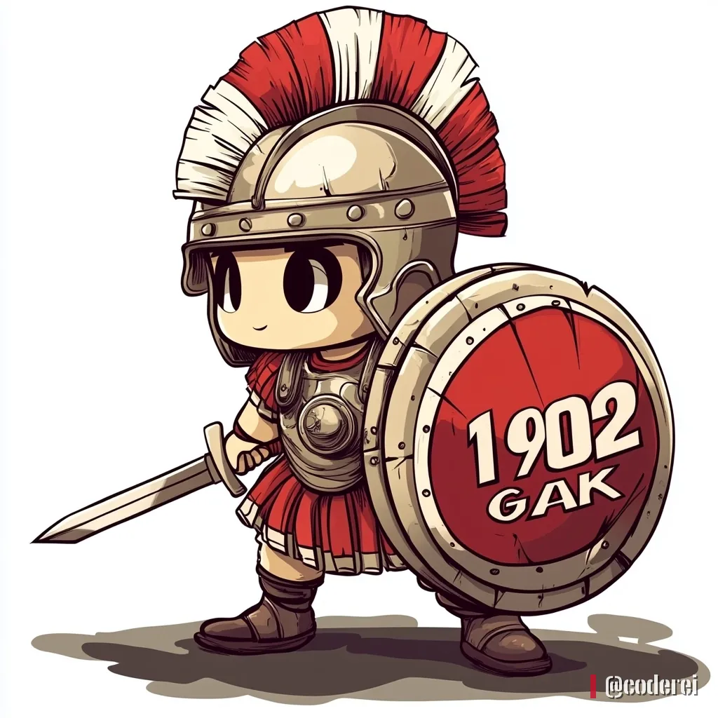 Comic-Figur mit Spartanerhelm und rot-weißem Federbusch, Schwert und rundem Schild mit „1902 GAK“.
