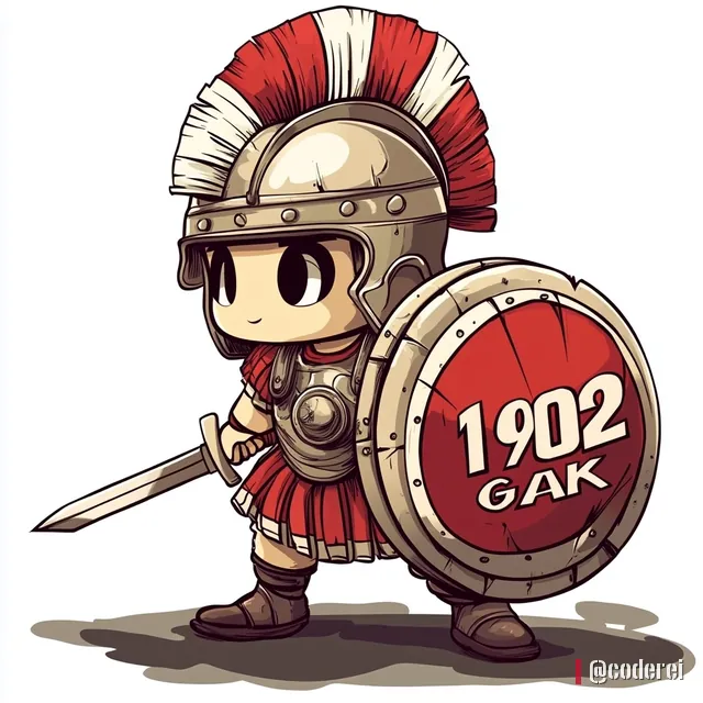 Comic-Figur mit Spartanerhelm und rot-weißem Federbusch, Schwert und rundem Schild mit „1902 GAK“.
