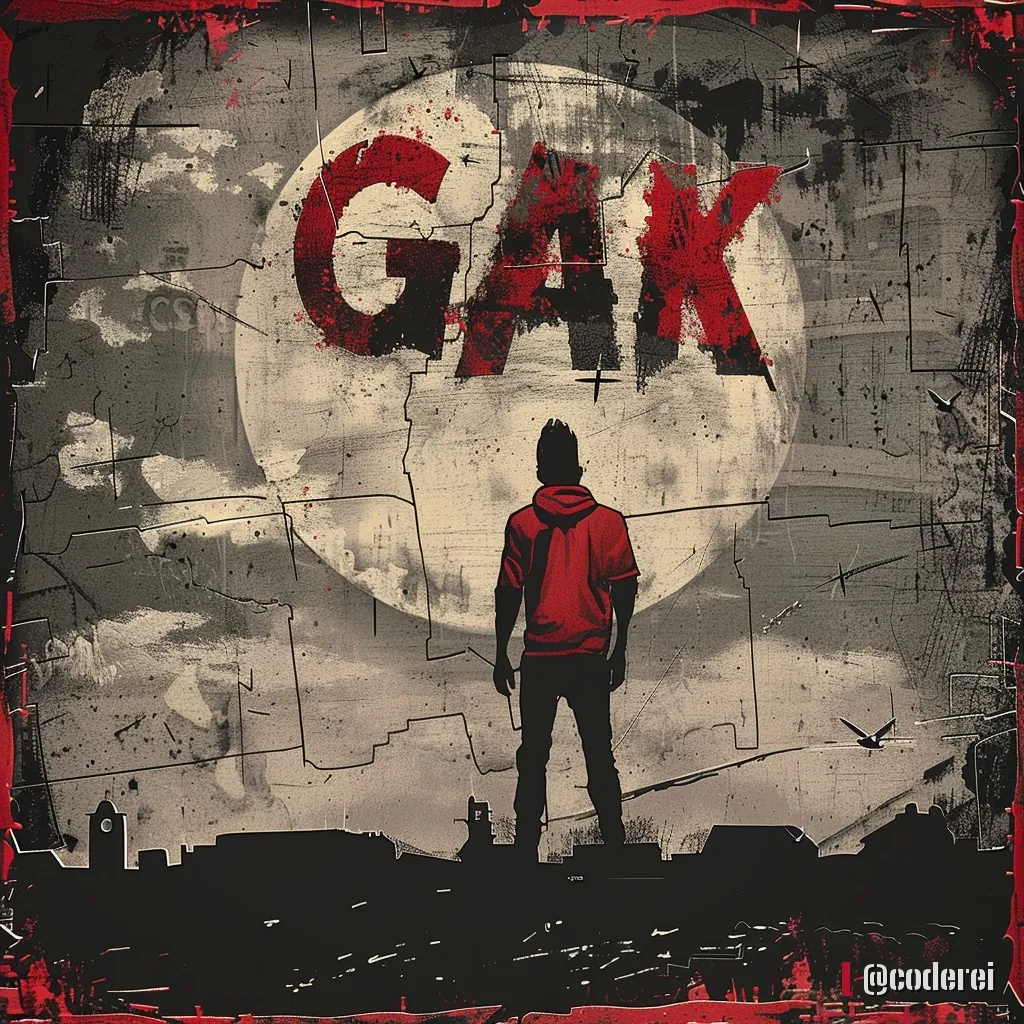 Mann in roter Jacke von hinten vor einem großen Mond und dem Schriftzug „GAK“ über einer Stadtsilhouette.
