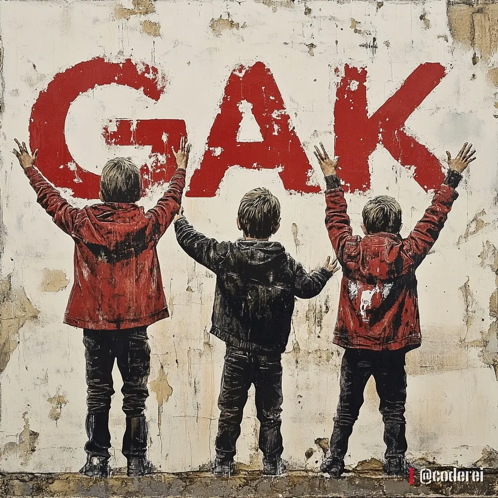 Drei Kinder von hinten strecken die Arme nach oben unter dem großen roten Schriftzug „GAK“ an einer Betonwand.