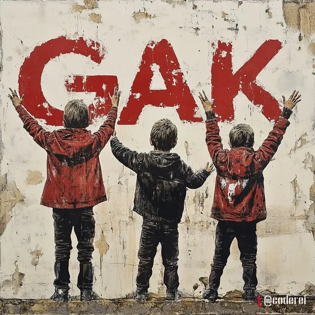 Drei Kinder von hinten strecken die Arme nach oben unter dem großen roten Schriftzug „GAK“ an einer Betonwand.