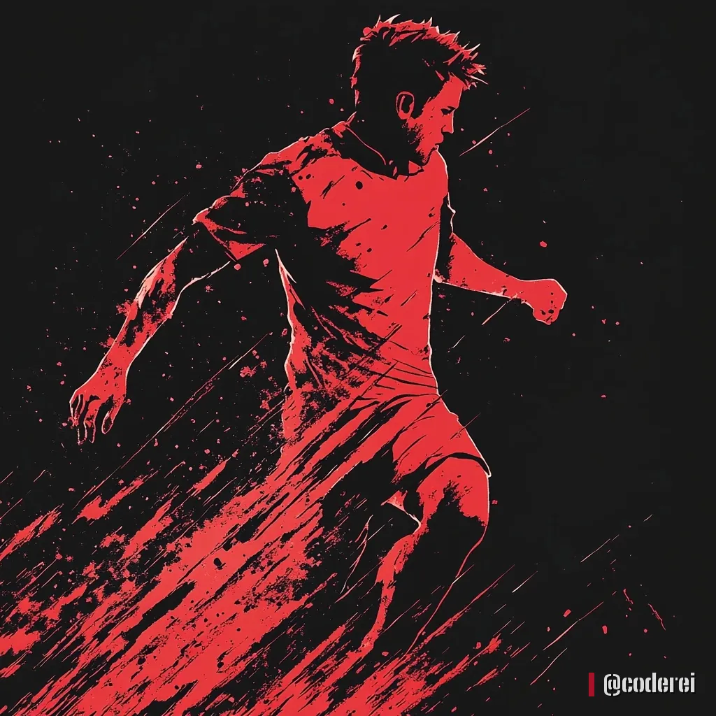 Fußballspieler in rotem Trikot im Lauf, gezeichnet in Rot und Schwarz mit groben Pinselstrichen auf dunklem Grund.