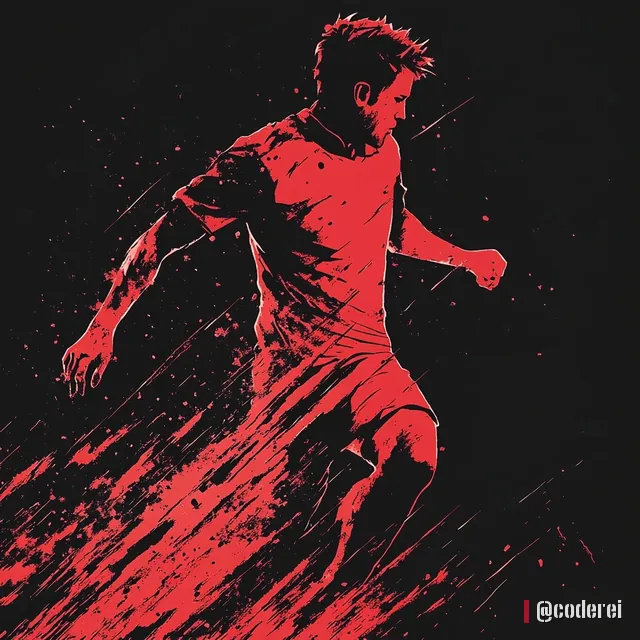 Fußballspieler in rotem Trikot im Lauf, gezeichnet in Rot und Schwarz mit groben Pinselstrichen auf dunklem Grund.