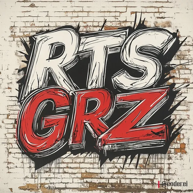 Graffiti-Schriftzug „RTS GRZ“ in Weiß und Rot mit schwarzer Kontur auf einer Ziegelwand.