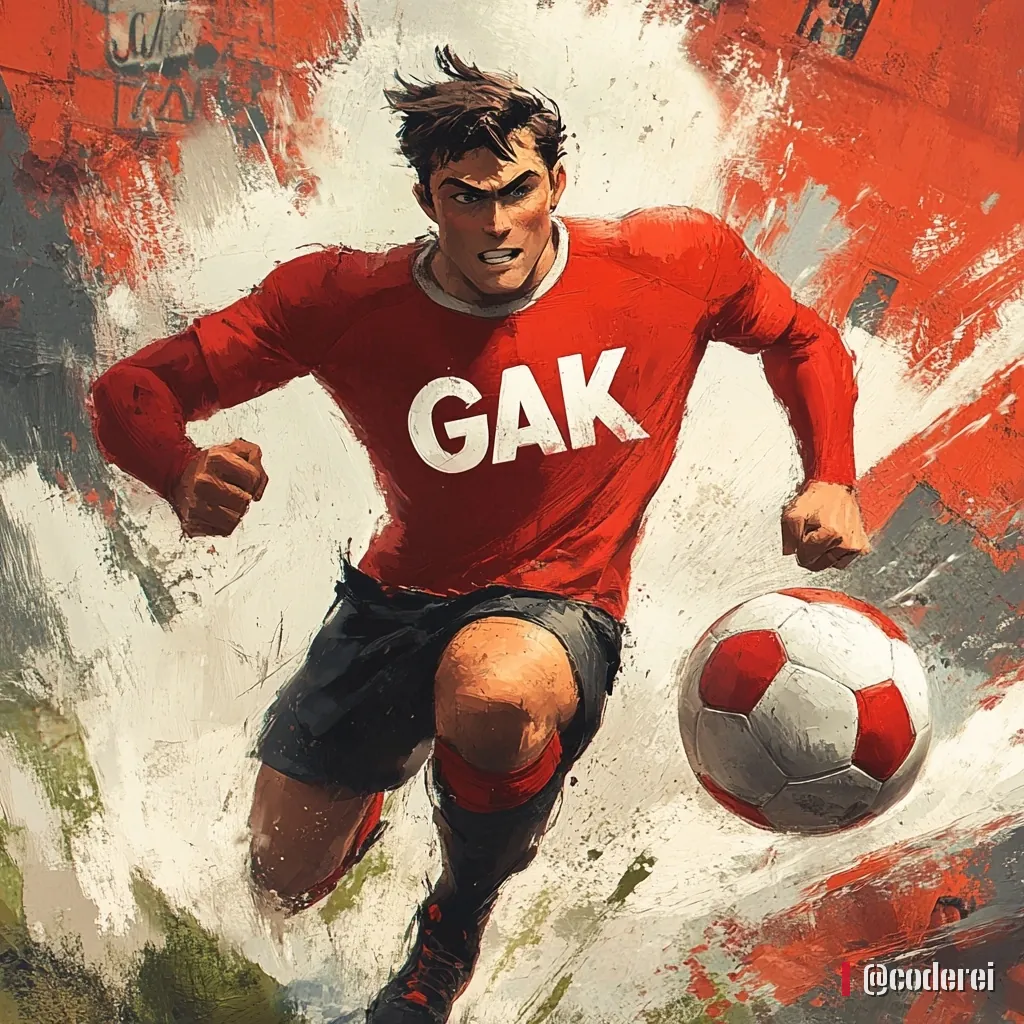 Gemalter Fußballspieler in rotem Trikot mit „GAK“ dribbelt einen rot-weißen Ball, im Hintergrund farbige Pinselstriche.