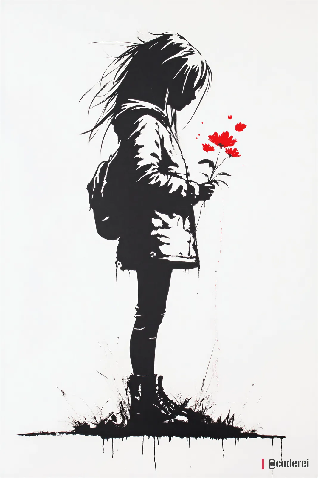 Schwarze Silhouette eines Mädchens mit Rucksack, das an roten Blumen riecht, auf weißem Grund.