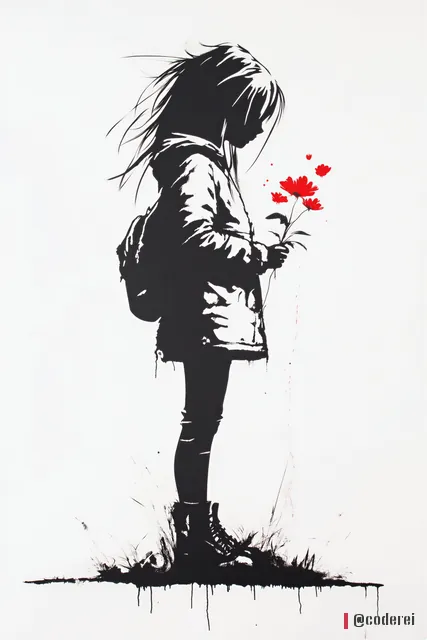 Schwarze Silhouette eines Mädchens mit Rucksack, das an roten Blumen riecht, auf weißem Grund.
