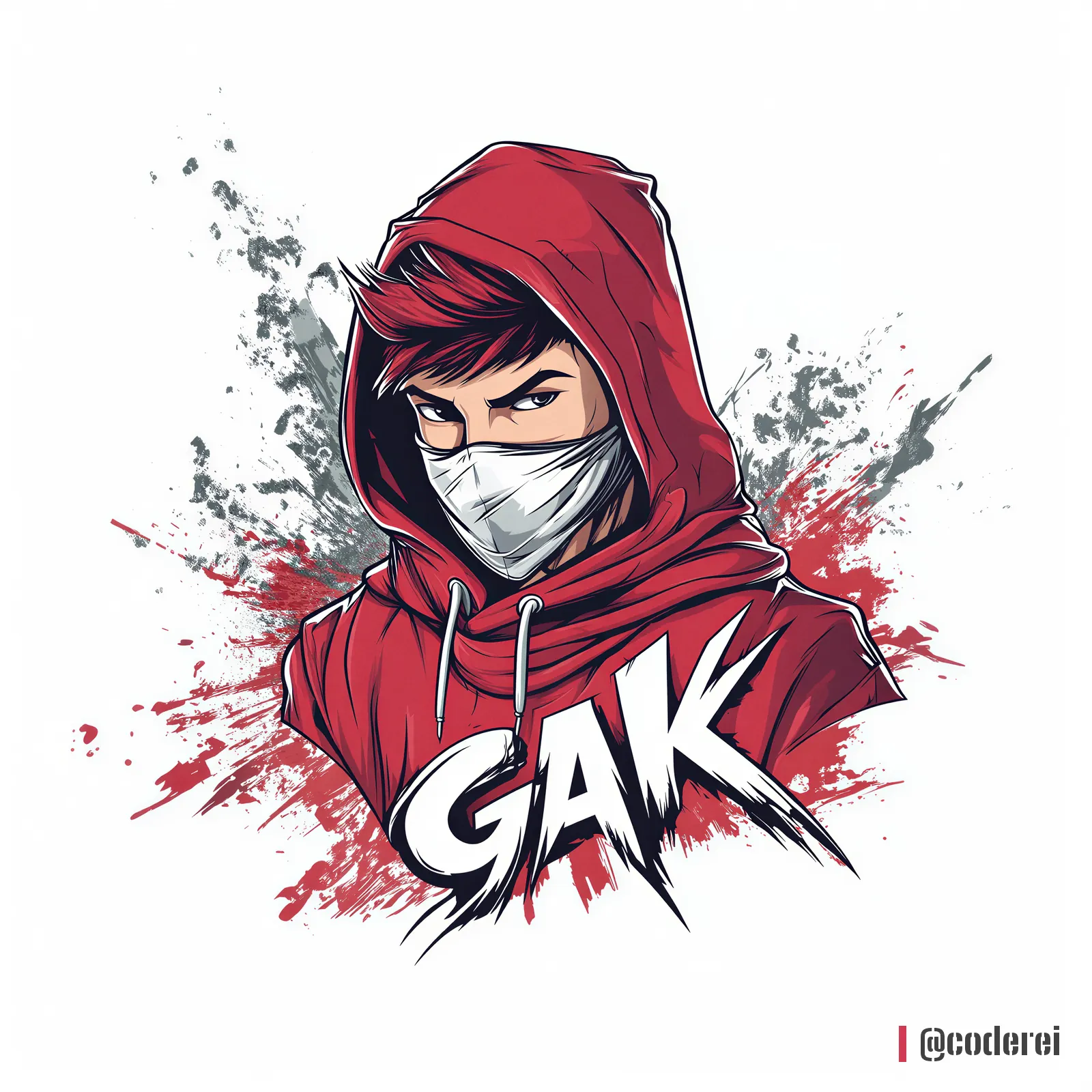Anime-Figur mit roter Kapuze und weißer Maske vor einem Farbklecks, darunter der Schriftzug „GAK“ in weißer Graffiti-Schrift.