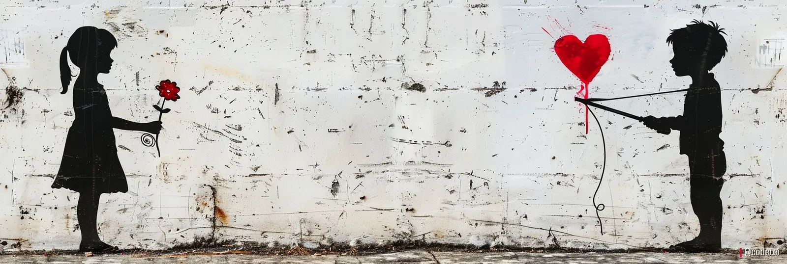 Mädchen mit roter Blume und Bub mit rotem Herzballon als schwarze Silhouetten vor einer weißen, rissigen Mauer.