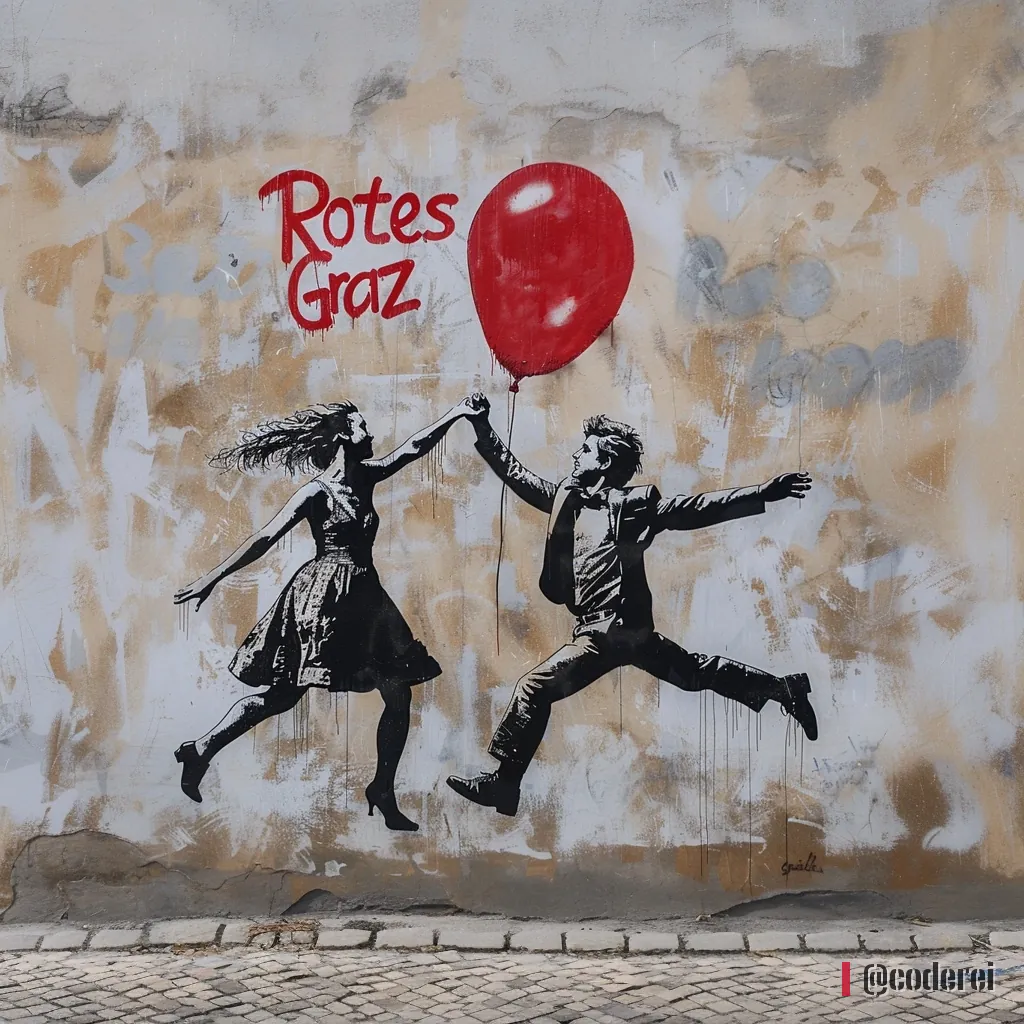 Schwarze Silhouetten eines tanzenden Paares, die einen roten Luftballon halten, vor einer rauen Wand mit „Rotes Graz“.